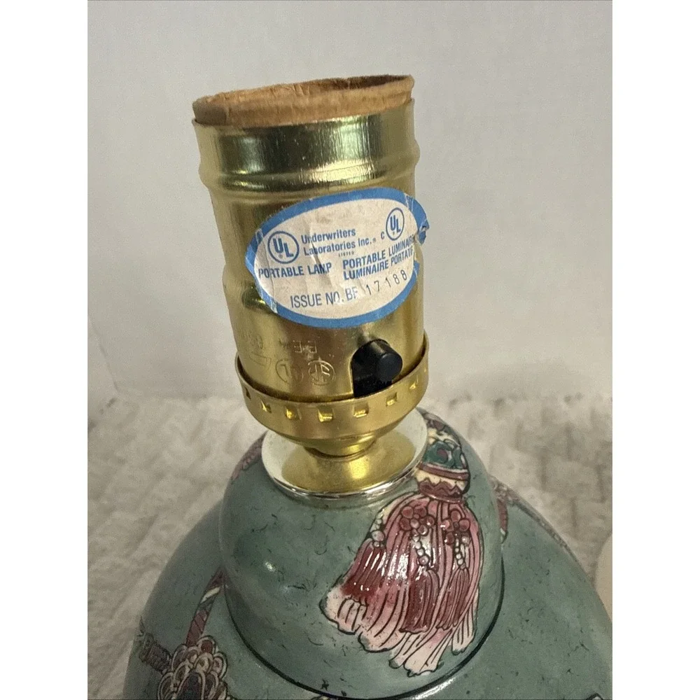 VTG Moss Teal Pink Tassel Asian Ginger Jar Tabletop Lamp Cottagecore & Shade